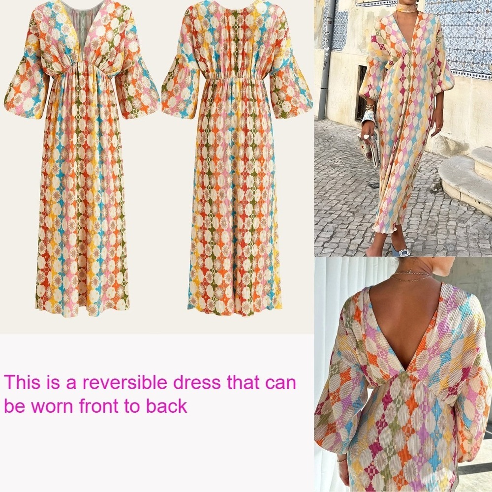 COMMENSE Jacquard Print V-Neck Maxi Dress XL NEW Colorful Plisse Boho Party Glam